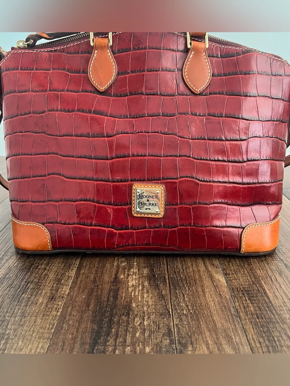 Dooney & Bourke Croc Embossed Leather Satchel Bag Dual Handle Long Strap 3C968